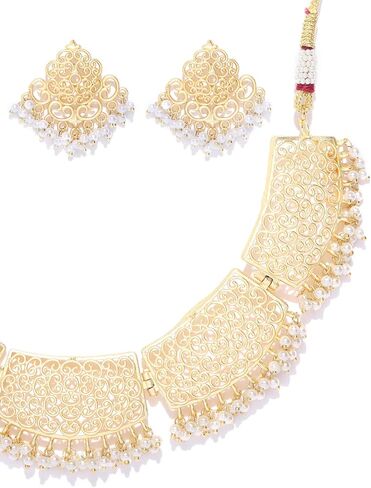 مجموعة مجوهرات برياسي الهندية للنساء | مجموعة قلادة للنساء | مطلي بالذهب | معدن نحاس | مجموعة مجوهرات الزفاف الهندية لحفل الزفاف | مجموعة مجوهرات بوليوود in Kuwait