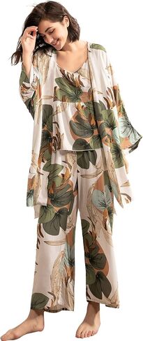 WDIRARA Women's 3 pcs Sleepwear Leaf Print Cami and Pants Pajama Set with Robe in Kuwait