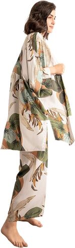 WDIRARA Women's 3 pcs Sleepwear Leaf Print Cami and Pants Pajama Set with Robe in Kuwait