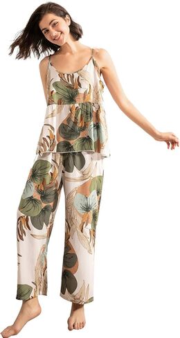 WDIRARA Women's 3 pcs Sleepwear Leaf Print Cami and Pants Pajama Set with Robe in Kuwait