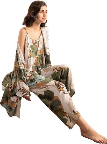 WDIRARA Women's 3 pcs Sleepwear Leaf Print Cami and Pants Pajama Set with Robe in Kuwait