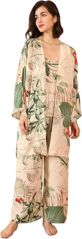 WDIRARA Women's 3 pcs Sleepwear Leaf Print Cami and Pants Pajama Set with Robe in Kuwait