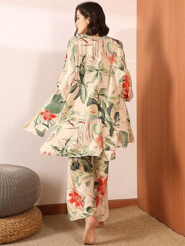 WDIRARA Women's 3 pcs Sleepwear Leaf Print Cami and Pants Pajama Set with Robe in Kuwait