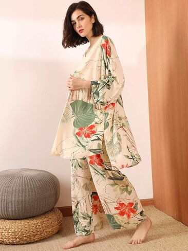WDIRARA Women's 3 pcs Sleepwear Leaf Print Cami and Pants Pajama Set with Robe in Kuwait