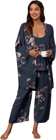 WDIRARA Women's 3 pcs Sleepwear Leaf Print Cami and Pants Pajama Set with Robe in Kuwait