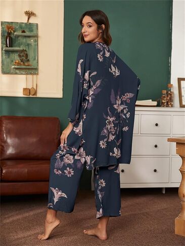 WDIRARA Women's 3 pcs Sleepwear Leaf Print Cami and Pants Pajama Set with Robe in Kuwait
