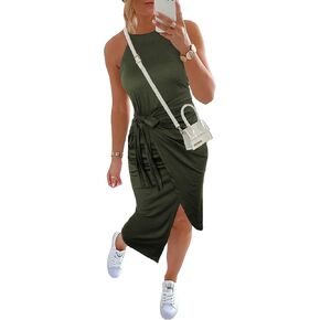NOLLSOM المرأة عادية بلا أكمام مخطط تانك فساتين متوسطة الطول الرسن الرقبة Ruched Bodycon فساتين التعادل الخصر تي شيرت فستان صيفي