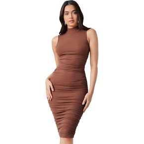 Floerns Women's Solid Sleeveless Mock Neck Knee Length Ruched Bodycon Dress