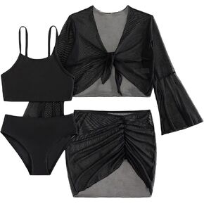 Milumia Girl's 4 Piece Bikini Sets Ruched Frill Trim Halter Swimsuit with Coverup Top and Skirt in Saudi Arabia