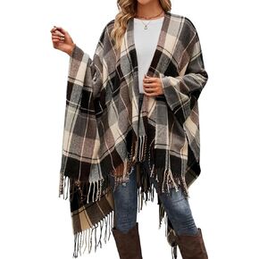Women Buffalo Plaid Blanket Poncho Plus Size Fleece Kimono Sweaters Knit Fringe Shawl Wraps Warm Capes in Saudi Arabia