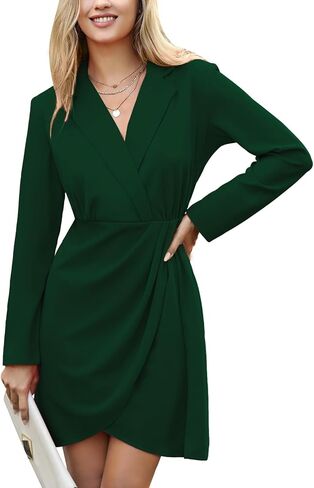 EXLURA Women's Long Sleeve Wrap V Neck Bodycon Mini Dress Ruched Teacher Work Dress Wedding Elegant Club Cocktail Dresses in Kuwait