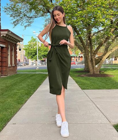 NOLLSOM Women Casual Sleeveless Striped Tank Midi Dresses Halter Neck Ruched Bodycon Dresses Tie Waist T Shirt Summer Dress in Saudi Arabia