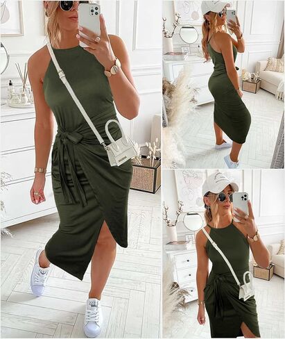 NOLLSOM Women Casual Sleeveless Striped Tank Midi Dresses Halter Neck Ruched Bodycon Dresses Tie Waist T Shirt Summer Dress in Saudi Arabia
