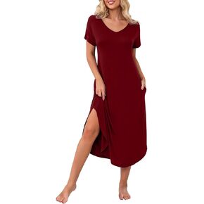 PrinStory Womens Long Nightgowns V Neck Loungewear Short Sleeve Sleepwear Casual Nightdress in Saudi Arabia