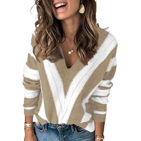 EVALESS Sweaters for Women Sleeve Sexy Deep V Neck Casual Knit Striped Pullover Sweater