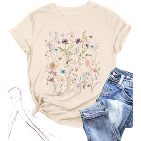 Women Boho Flower T Shirt Vintage Floral Graphic Shirt Botanical Tee Wildflowers Shirts Garden Lover Top