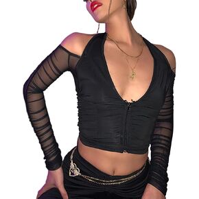 Lancifolium Women’s Halter Long Sleeve Crop Top Y2k Deep V Neck T Shirts