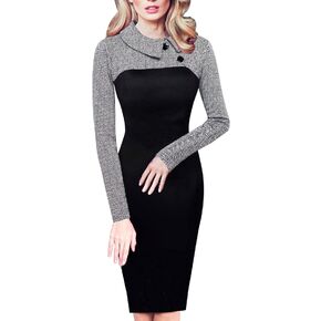 HOMEYEE Women's Retro Chic Colorblock Lapel Career Tunic Dress B238