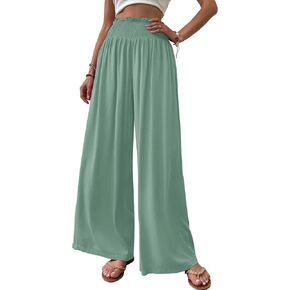 Febriajuce Womens High Waist Wide Leg Pants Smocked Elastic Waist Flowy Palazzo Lounge Pants Loose Trousers with Pockets