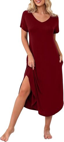 PrinStory Womens Long Nightgowns V Neck Loungewear Short Sleeve Sleepwear Casual Nightdress in Saudi Arabia