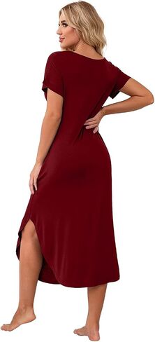 PrinStory Womens Long Nightgowns V Neck Loungewear Short Sleeve Sleepwear Casual Nightdress in Saudi Arabia