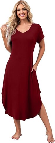 PrinStory Womens Long Nightgowns V Neck Loungewear Short Sleeve Sleepwear Casual Nightdress in Saudi Arabia