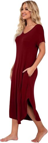 PrinStory Womens Long Nightgowns V Neck Loungewear Short Sleeve Sleepwear Casual Nightdress in Saudi Arabia