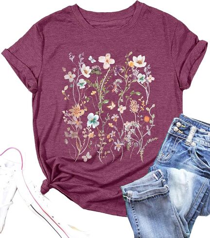 Women Boho Flower T Shirt Vintage Floral Graphic Shirt Botanical Tee Wildflowers Shirts Garden Lover Top in Saudi Arabia