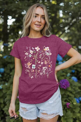 Women Boho Flower T Shirt Vintage Floral Graphic Shirt Botanical Tee Wildflowers Shirts Garden Lover Top in Saudi Arabia