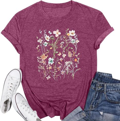 Women Boho Flower T Shirt Vintage Floral Graphic Shirt Botanical Tee Wildflowers Shirts Garden Lover Top in Saudi Arabia