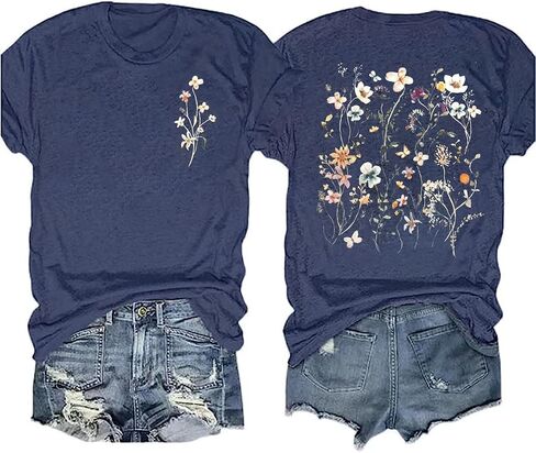 Women Boho Flower T Shirt Vintage Floral Graphic Shirt Botanical Tee Wildflowers Shirts Garden Lover Top in Saudi Arabia