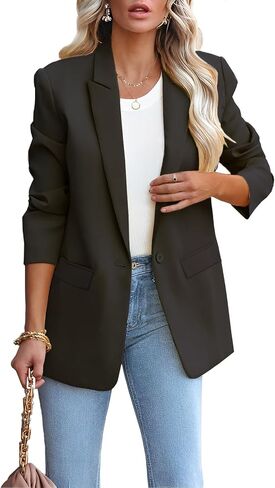 LCRRRN Womens Business Casual Loose Blazers Long Sleeve Pockets Work Professional Jacket Blazer Suit (L, Black) in Kuwait
