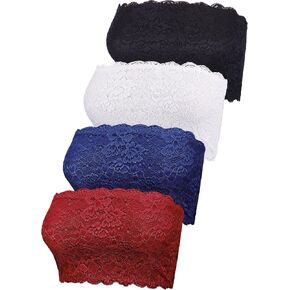 4 Pieces Women Lace Bandeau Bra Tube Top Bra Elastic Strapless No Sponge Pad No Underwire Bra for Daily Favor
