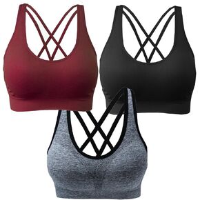 AKAMC 3 Pack Women's Medium Support Cross Back Wirefree Removable Cups Yoga Sport Bra
