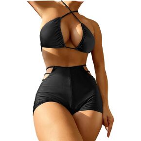YELAIVP Women's Bikini Sets Two Piece Swimsuit High Waisted Spaghetti Straps Bathing Suit Sides Cutout Bikini Bottoms
