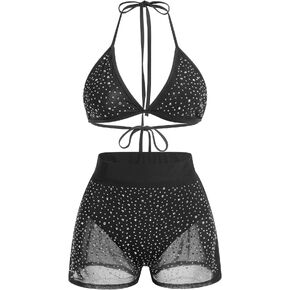 Women Sparkle Rhinestone Mesh Sheer Bikini Sets Halter Bra Top High Waist Shorts Bottom Swimsuits Rave Outfit in Saudi Arabia