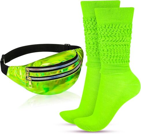 80s Neon Women Socks Holographic Fanny Pack Neon Slouch Socks Long Scrunch Socks Waist Bag for 80s 90s Party Costume in Kuwait