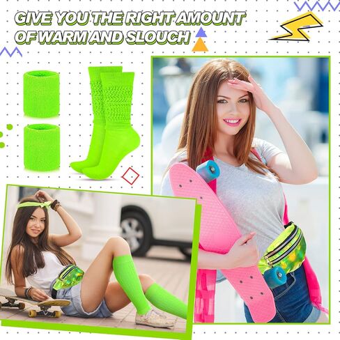 80s Neon Women Socks Holographic Fanny Pack Neon Slouch Socks Long Scrunch Socks Waist Bag for 80s 90s Party Costume in Kuwait
