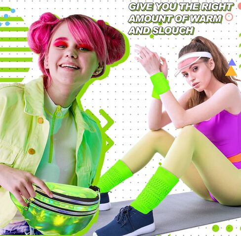 80s Neon Women Socks Holographic Fanny Pack Neon Slouch Socks Long Scrunch Socks Waist Bag for 80s 90s Party Costume in Kuwait
