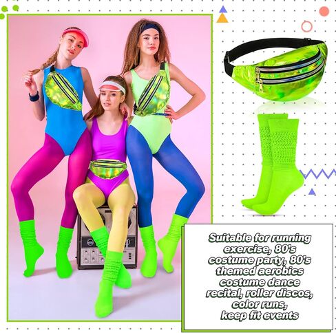 80s Neon Women Socks Holographic Fanny Pack Neon Slouch Socks Long Scrunch Socks Waist Bag for 80s 90s Party Costume in Kuwait