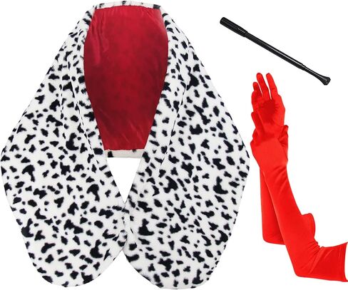 Cruella Deville Costume Women Faux Stole Accessories Set - Black and White Scarf, 1920s Gloves and Plastic Holder for Cosplay Halloween Party Christmas CE001BW in Saudi Arabia