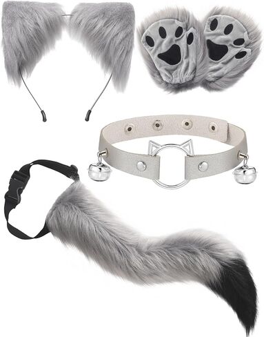 Panitay 4 Pcs Halloween Fox Wolf Cosplay Animal Ears Tail Set Includes Faux Fur Cat Ears Headband Animal Tail Faux Leather Neck Choker Paw Gloves Adult Wolf Costume for Women Girls Cosplay Party in Saudi Arabia