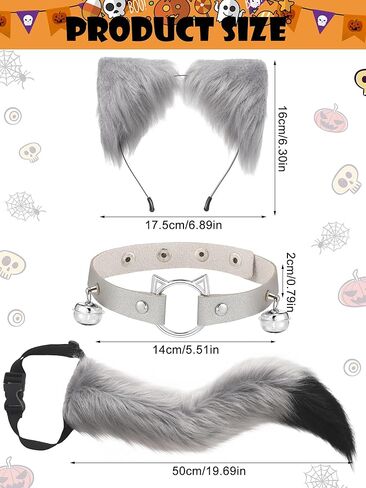 Panitay 4 Pcs Halloween Fox Wolf Cosplay Animal Ears Tail Set Includes Faux Fur Cat Ears Headband Animal Tail Faux Leather Neck Choker Paw Gloves Adult Wolf Costume for Women Girls Cosplay Party in Saudi Arabia