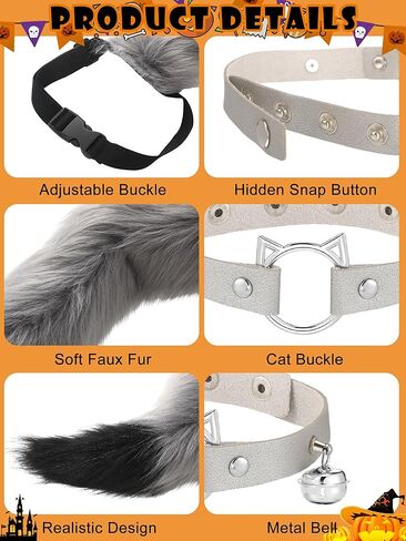 Panitay 4 Pcs Halloween Fox Wolf Cosplay Animal Ears Tail Set Includes Faux Fur Cat Ears Headband Animal Tail Faux Leather Neck Choker Paw Gloves Adult Wolf Costume for Women Girls Cosplay Party in Saudi Arabia