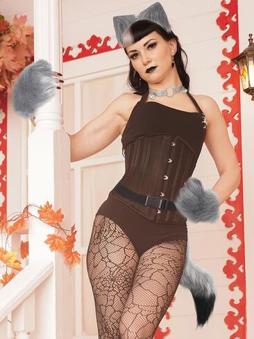 Panitay 4 Pcs Halloween Fox Wolf Cosplay Animal Ears Tail Set Includes Faux Fur Cat Ears Headband Animal Tail Faux Leather Neck Choker Paw Gloves Adult Wolf Costume for Women Girls Cosplay Party in Saudi Arabia