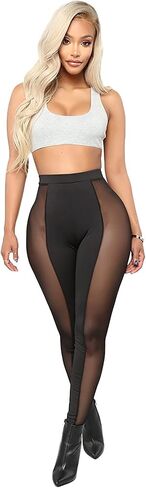 Atyfuniby Womens Leggings High Waisted - Sexy Skinny Mesh See Through Pants Party Clubwear in Saudi Arabia