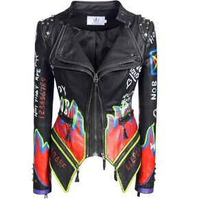 LC WANCHENG GLOBAL TRADE Women's Classic Sexy Handpainted Graffiti Black Rivet Coat Motorcycle Leather Jacket in Saudi Arabia