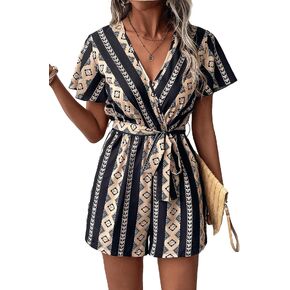WDIRARA Women's V Neck Cut Out Flutter Short Sleeve Geo Print Belted Boho Romper in Saudi Arabia