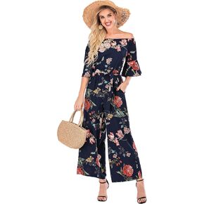 Women's Summer Floral Off Shoulder ruffled Short Sleeve High Waist Wide Leg Pants Casual Loose Jumpsuit in Saudi Arabia