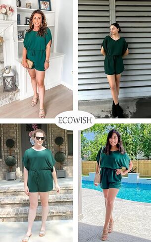 بدلة ECOWISH للسيدات لصيف 2023 بياقة على شكل V وأكمام قصيرة بلون سادة وخصر مطاطي غير رسمي قطعة واحدة in Saudi Arabia